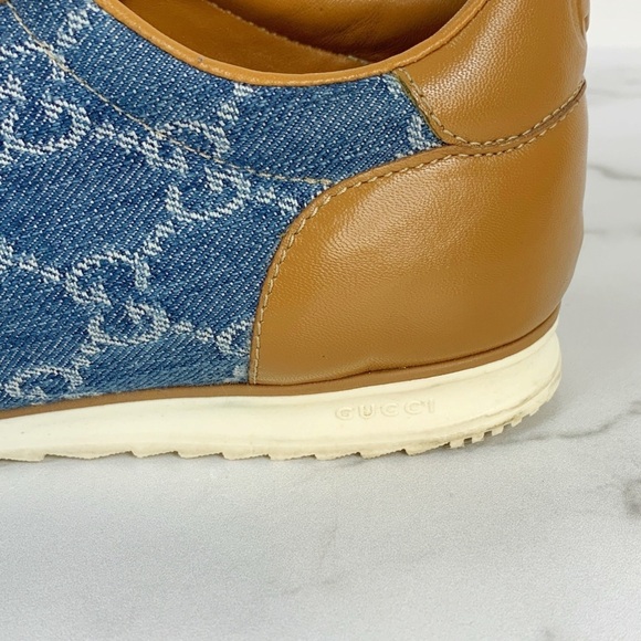 GUCCI GG Denim Monogram Cognac Calfskin Leather Sneakers 38.5 - Picture 9 of 15